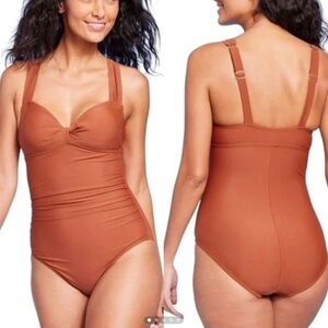 Kona Sol Small (4-6) Rust Brown Twist-Front Padded One Piece Swimsuit Swimwear